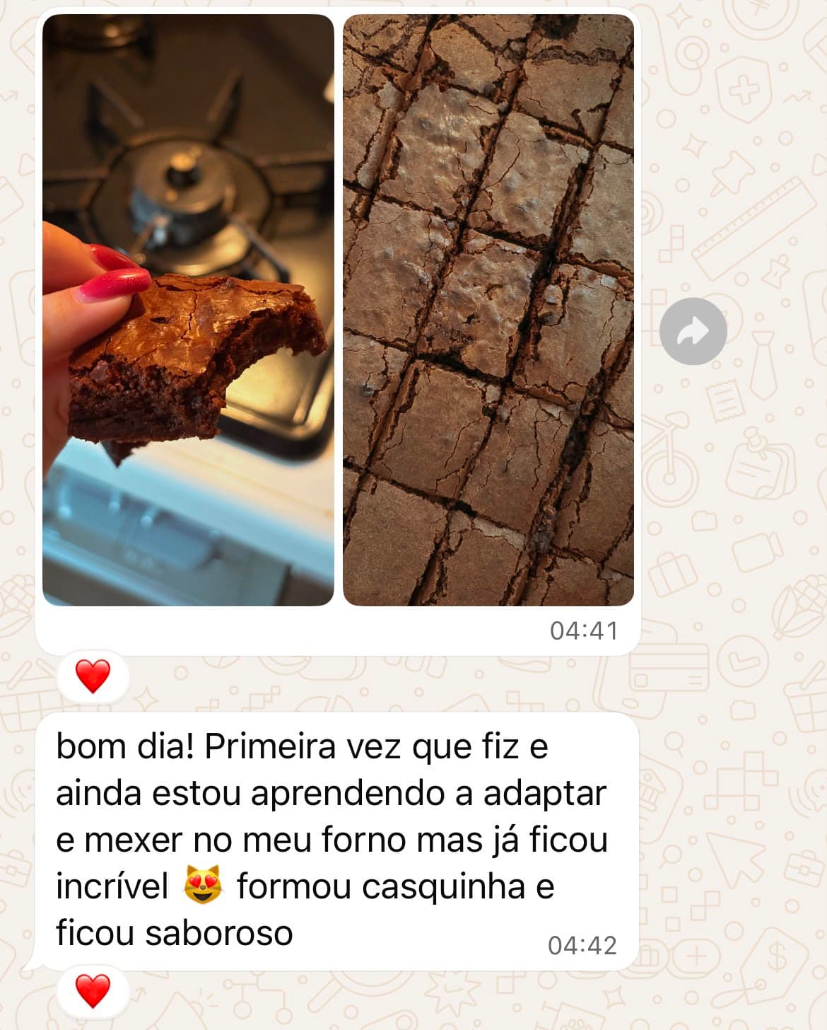 Prova social 24: mensagem ou resultado real de aluna da Doceria D'Amora Academy